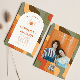 Retro Groovy Colorful Wavy Boho Wedding Qr Code Einladung