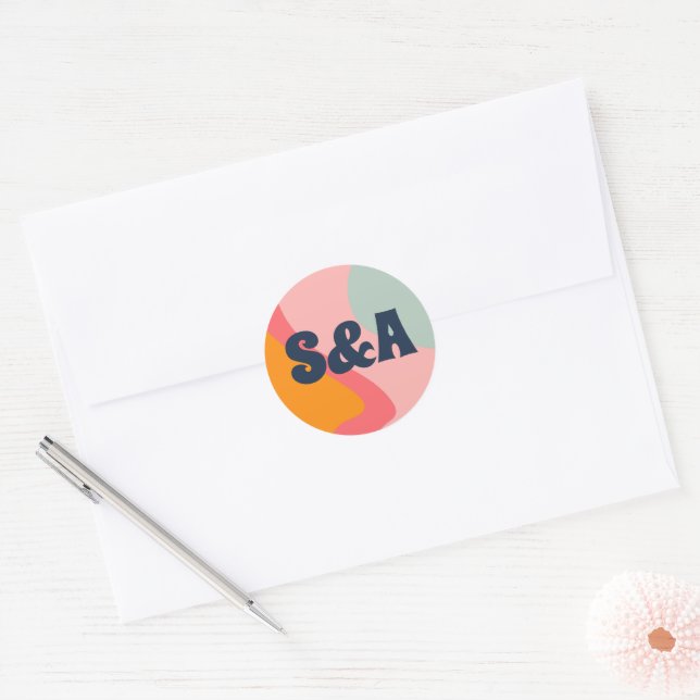 Retro Groovy Colorful Wedding Runder Aufkleber (Umschlag)