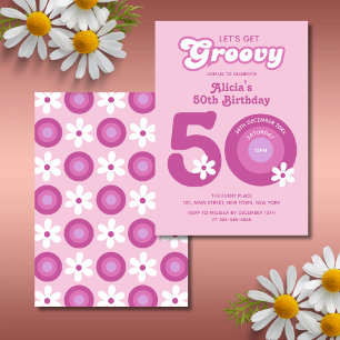Retro Groovy Daisies Bold Pink 50. Geburtstag Einladung