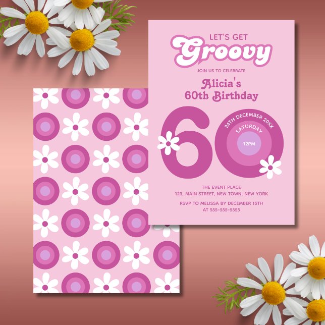 Retro Groovy Daisies Bold Pink 60. Geburtstag Einladung (Von Creator hochgeladen)
