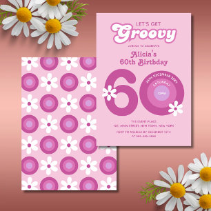Retro Groovy Daisies Bold Pink 60. Geburtstag Einladung