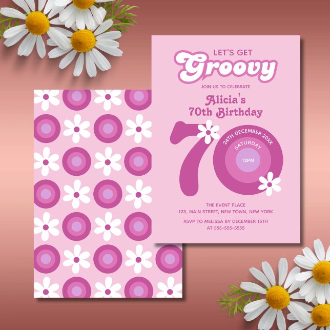 Retro Groovy Daisies Bold Pink 70. Geburtstag Einladung (Von Creator hochgeladen)