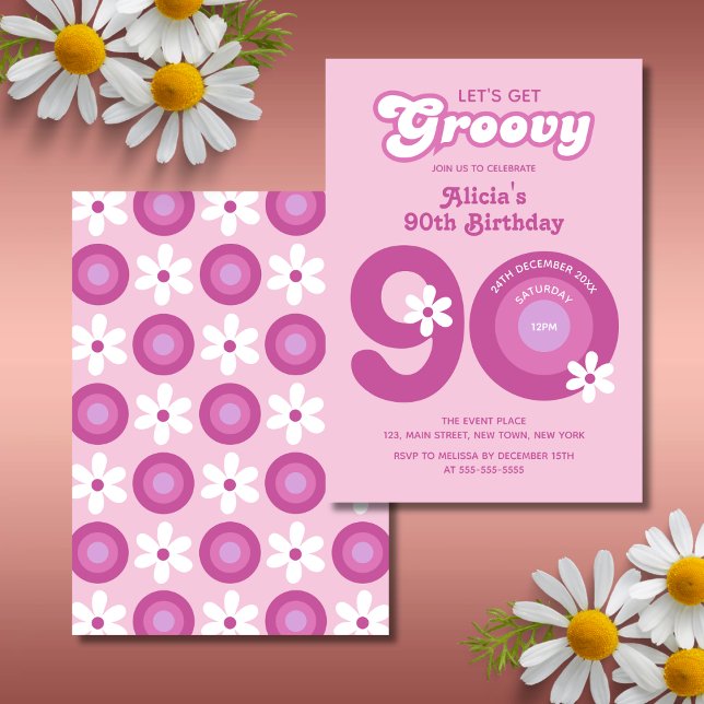 Retro Groovy Daisies Bold Pink 90. Geburtstag Einladung (Von Creator hochgeladen)