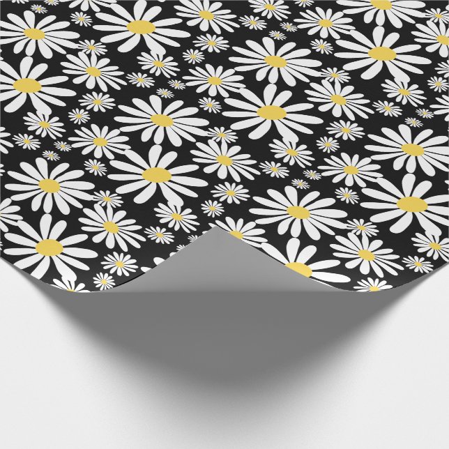 Retro Groovy Daisies Frühjahrsmuster Schwarz Geschenkpapier (Ecke)