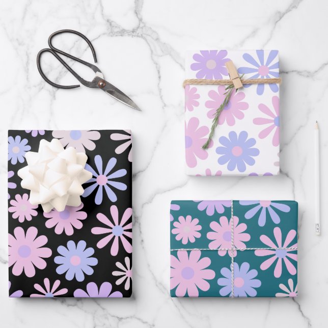 Retro Groovy Daisies Soft Pink Blue Lila Geschenkpapier Set (Vorderseite)
