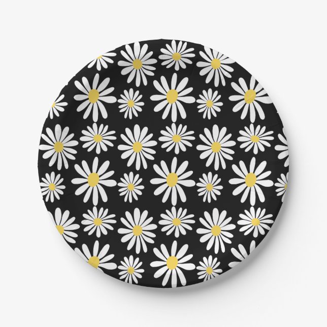 Retro Groovy Daisies Spring Daisy Boho Black Pappteller (Vorderseite)