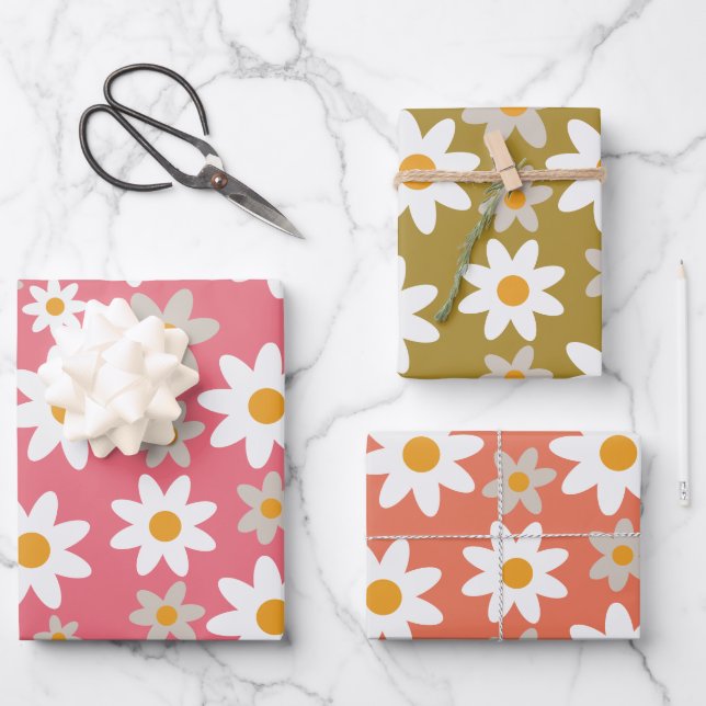 Retro Groovy Daisy Muster Orange Pink Green Geschenkpapier Set (Vorderseite)