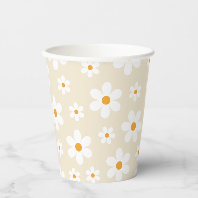 Retro Groovy Daisy Tan Birthday Pappbecher (Vorderseite)