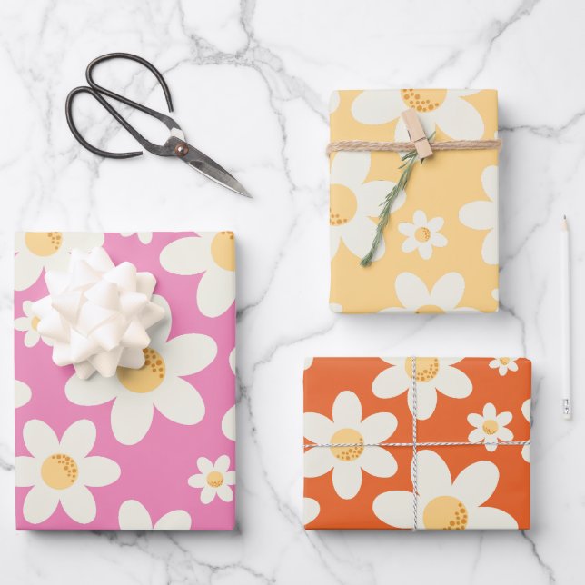 Retro Groovy Daisy Wrapping Paper Sheets - Pink Bo Geschenkpapier Set (Vorderseite)