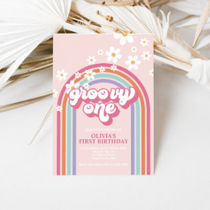 Retro Groovy Eins Regenbogen Pink Einladung