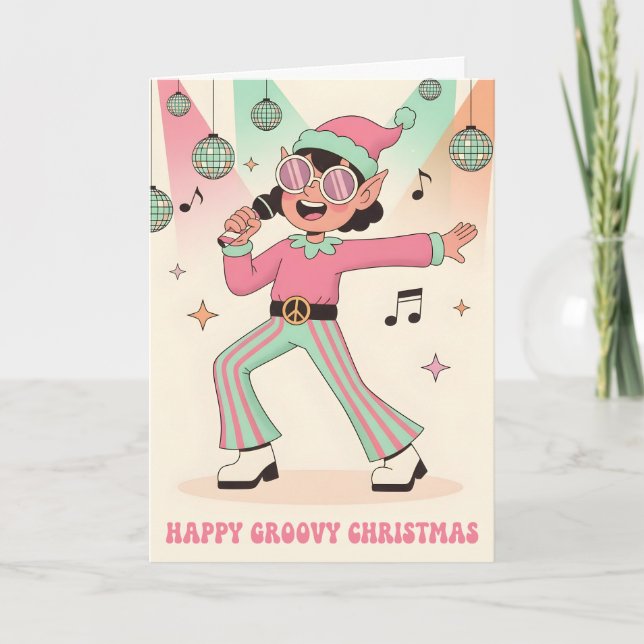 Retro Groovy Elf Merry Christmas Feiertagskarte (Vorderseite)