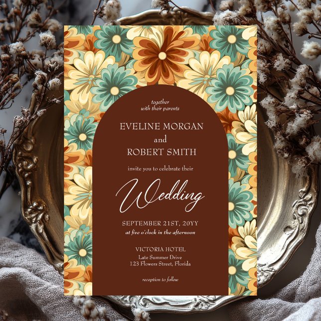 Retro Groovy farbenfrohe Blume Bogen Hochzeit Einladung (retro groovy colorful flowers wedding invitation)