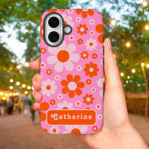Retro Groovy Floral Orange Pink Name iPhone 16 Hülle