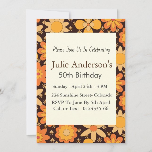 Retro Groovy Floral Yellow Orange 5 oth Birthday Einladung (Vorderseite)