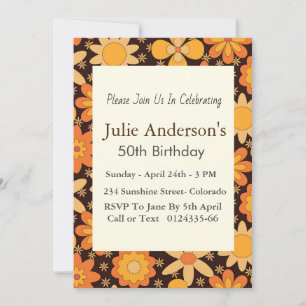 Retro Groovy Floral Yellow Orange 5 oth Birthday Einladung