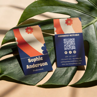 Retro Groovy Florales Visitenkarte mit QR-Code