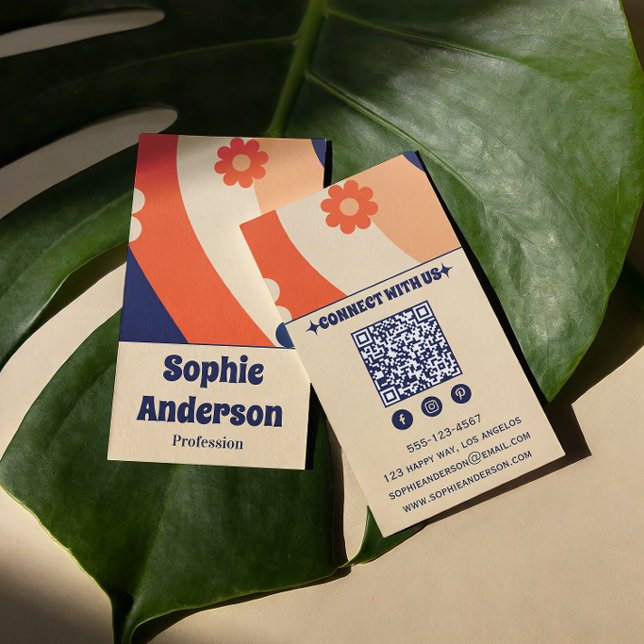Retro Groovy Florales Visitenkarte mit QR-Code (Von Creator hochgeladen)
