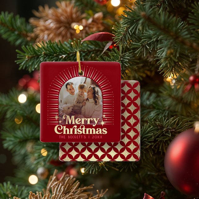 Retro Groovy Frohe Weihnachtsfamilie Foto Keramikornament (Von Creator hochgeladen)