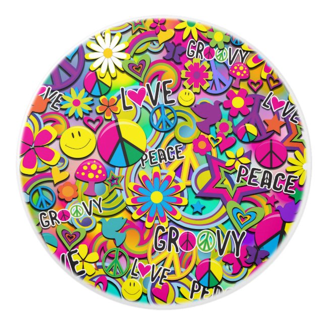 Retro Groovy FUN 60er Jahre Liebe Colorful Funky Keramikknauf (Vorderseite)