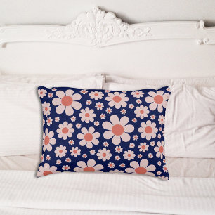 Retro Groovy Gänseblümchen-Muster Navyblau Orange Dekokissen