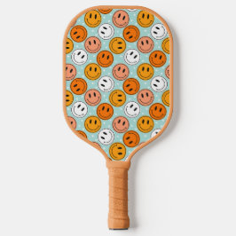 Retro groovy gelbe & orange lustige Lächeln Emoji  Pickleball Schläger