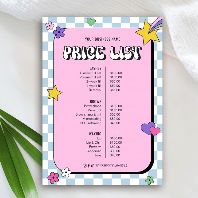 Retro Groovy Girly Pink Beauty Salon Preisliste (Trendy retro style  business price list design with groovy fonts, checkered blue and pink background)