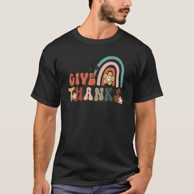Retro Groovy Give Thanks Rainbow Flower Fall Thank T-Shirt (Vorderseite)