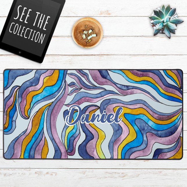 Retro Groovy Green Blue Lila Wavy Script Name Schreibtischunterlage (Von Creator hochgeladen)