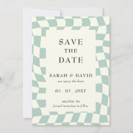 Retro Groovy Green Checkerboard Foto Save The Date