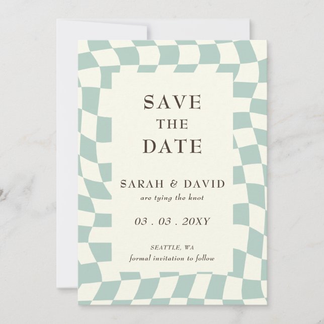 Retro Groovy Green Checkerboard Foto Save The Date (Vorderseite)