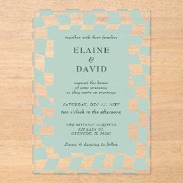 Retro Groovy Green Checkerboard Hochzeit Acryleinladungen