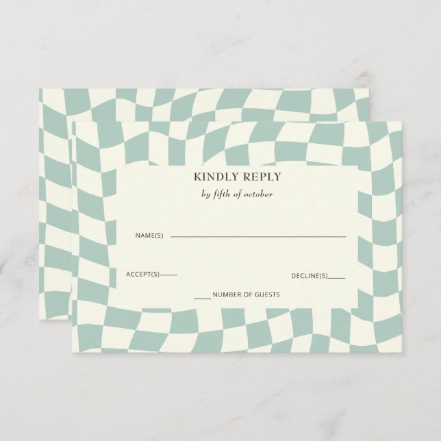 Retro Groovy Green Checkerboard Hochzeit RSVP Karte (Vorne/Hinten)