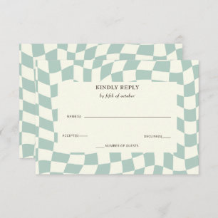 Retro Groovy Green Checkerboard Hochzeit RSVP Karte
