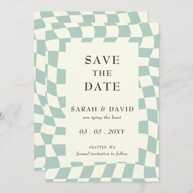 Retro Groovy Green Checkerboard Hochzeit Save The Date (Vorne/Hinten)