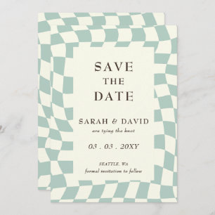 Retro Groovy Green Checkerboard Hochzeit Save The Date