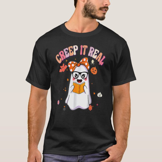 Retro Groovy Halloween Creep It Real  Ghost Readin T-Shirt (Vorderseite)