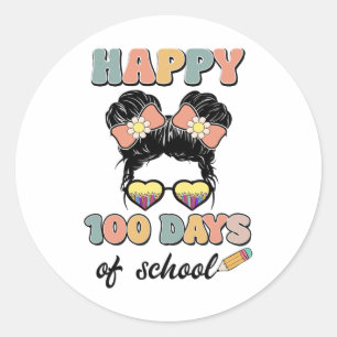 Retro Groovy Happy 100 Tage der Schule Mädchen Kin Runder Aufkleber