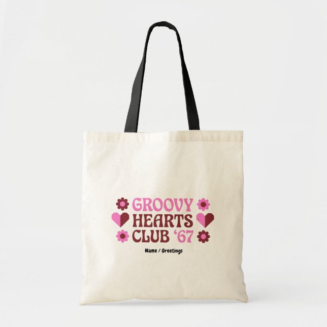  Retro Groovy Hearts Club '67 Pink Brown Valentine Tragetasche (Vorne)
