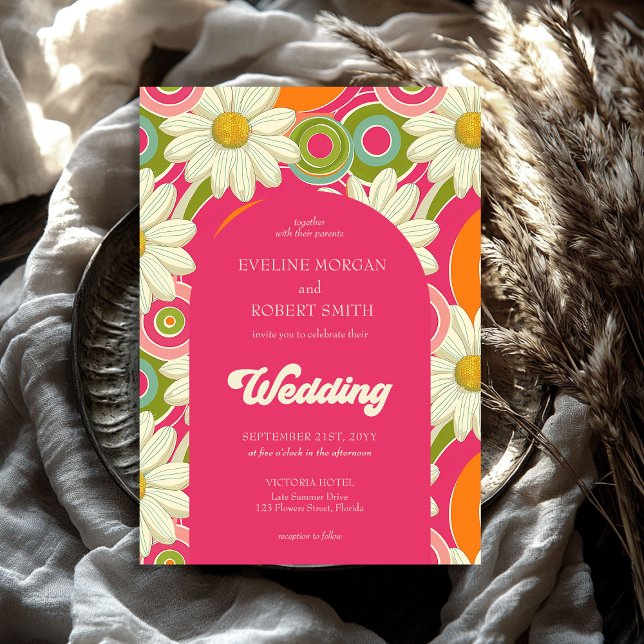 Retro Groovy, hellrosa, orange und weiße Gänse Einladung (116 Retro groovy hot pink orange and white daisies wedding Invitation)