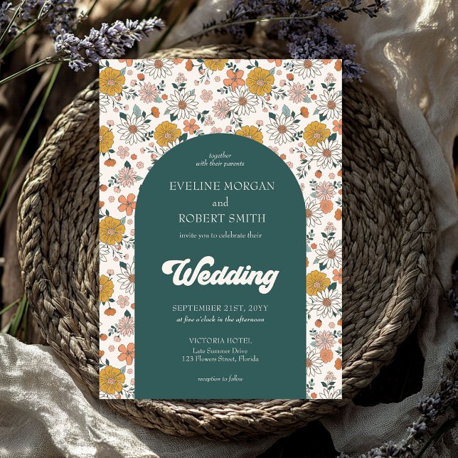 Retro Groovy Herbsthochzeit Blume Bogenhochzeit Einladung (Retro groovy autumn flowers arch wedding invitation)