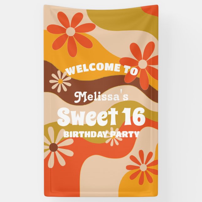 Retro Groovy Hippie Blume Sweet 16 Geburtstag Banner (Vertikal)