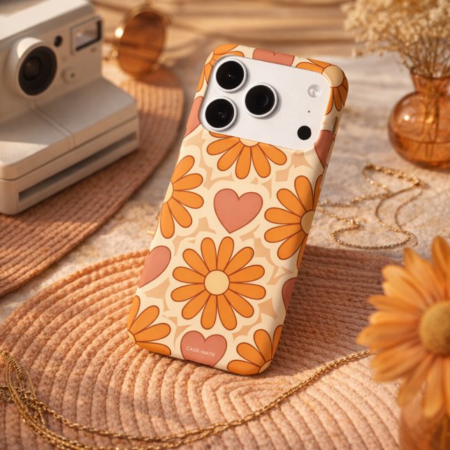 Retro Groovy Hippie Blumen & Herzen Benutzerdefini Case-Mate iPhone Hülle (Retro Groovy Hippie Flowers & Hearts Custom Mother's Day Phone Case)