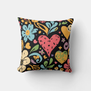Retro Groovy Hippie Blumen und Herzen Kissen
