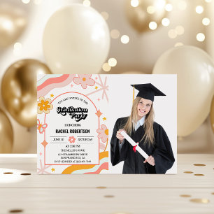 Retro Groovy Hippie Blumenfoto Abschluss Einladung