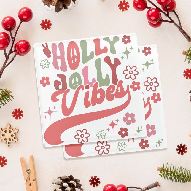 Retro Groovy Holly Jolly Vibes Holiday Foto Glasuntersetzer (Retro Groovy Holly Jolly Vibes Holiday Photo Glass Coaster)
