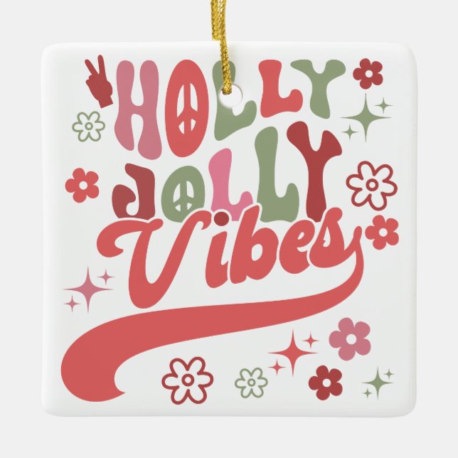 Retro Groovy Holly Jolly Vibes Holiday Foto Keramikornament (Vorderseite)