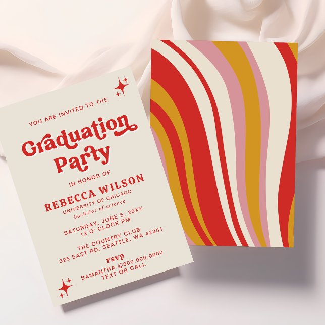 Retro Groovy Ivory Red 70er Graduation Party Einladung (Retro Groovy Ivory Red 70s Graduation Party Invitation)