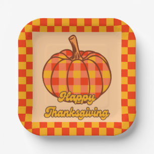Retro Groovy Kariert Pumpkin Checkered Erntedank Pappteller