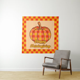 Retro Groovy Kariert Pumpkin Checkered Erntedank Wandteppich