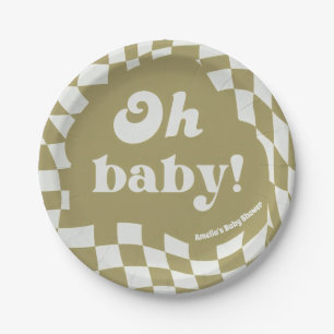 Retro Groovy Karierter Salbeigrüner Oh Baby Papier Pappteller